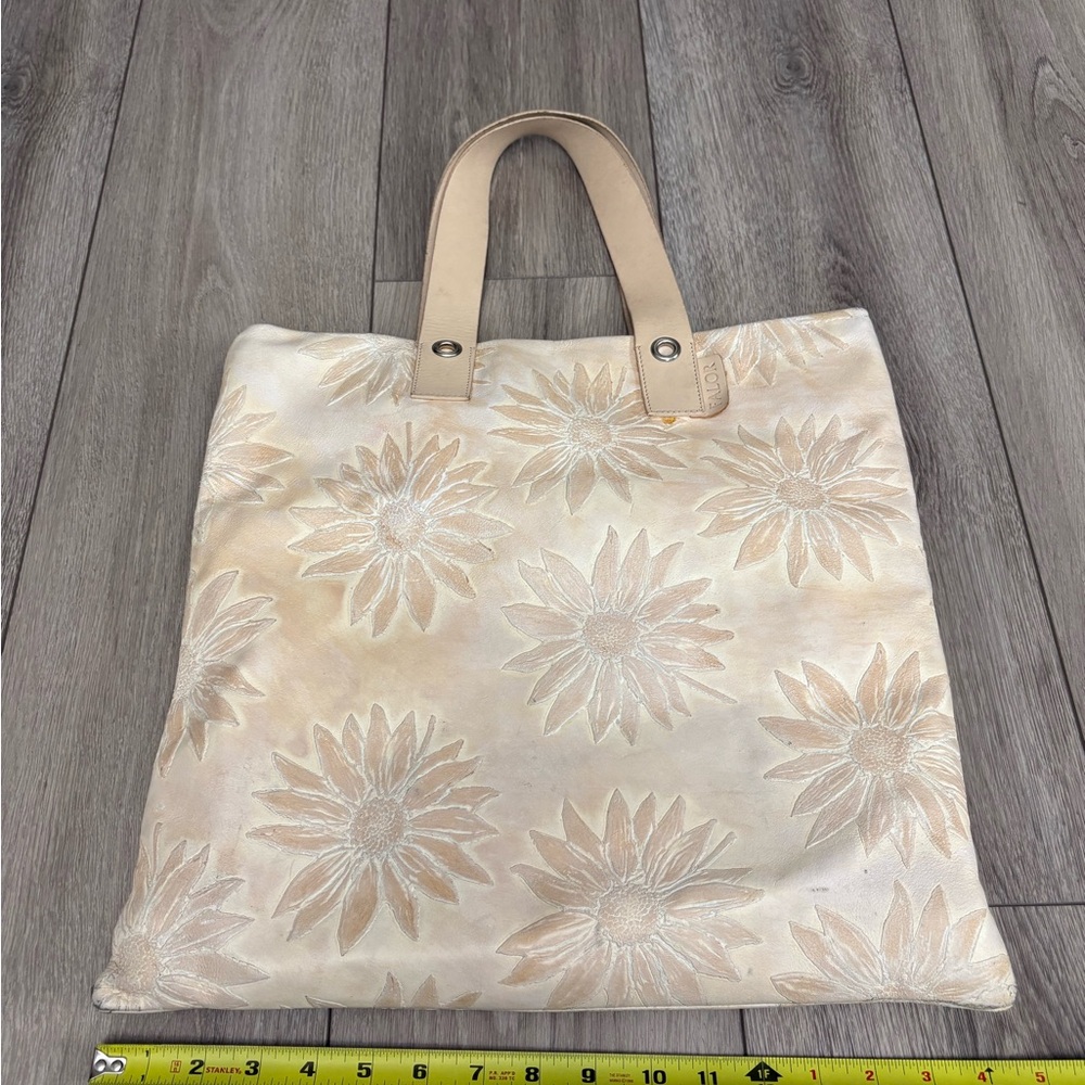 FALOR BLUSH Pale Beige Embossed Floral Leather Cream Handles Tote Shoulder Bag